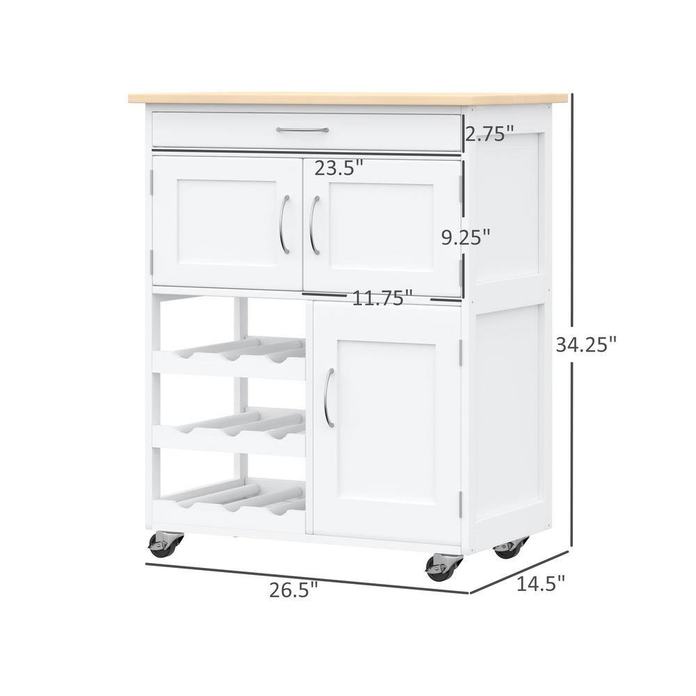 HOMCOM Kitchen Island On Wheels Rolling Kitchen Cart with Drawer 9-Bottle Wine Rack Storage Cabinets White 801-179