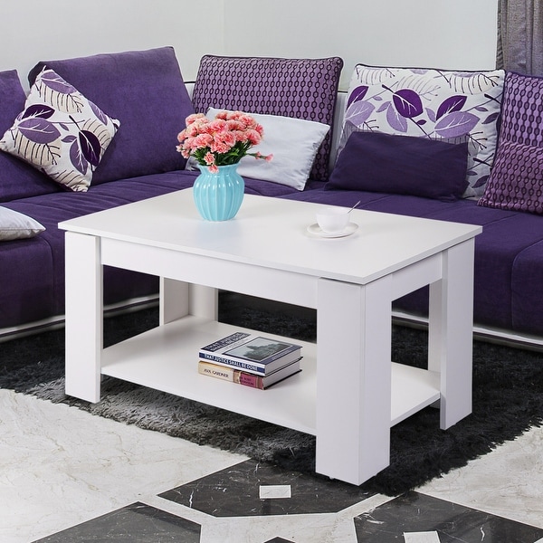 Lift Top Coffee Table with Hidden Compartment and Open Shelf ， White