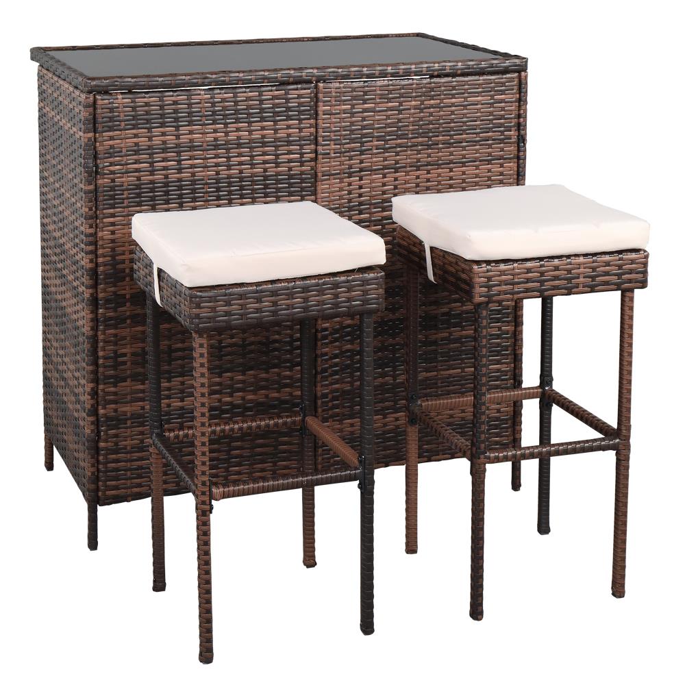 SalonMore 3 Pieces Rattan Wicker Bar Table And Bar Stool Patio Set， Brown Gradient