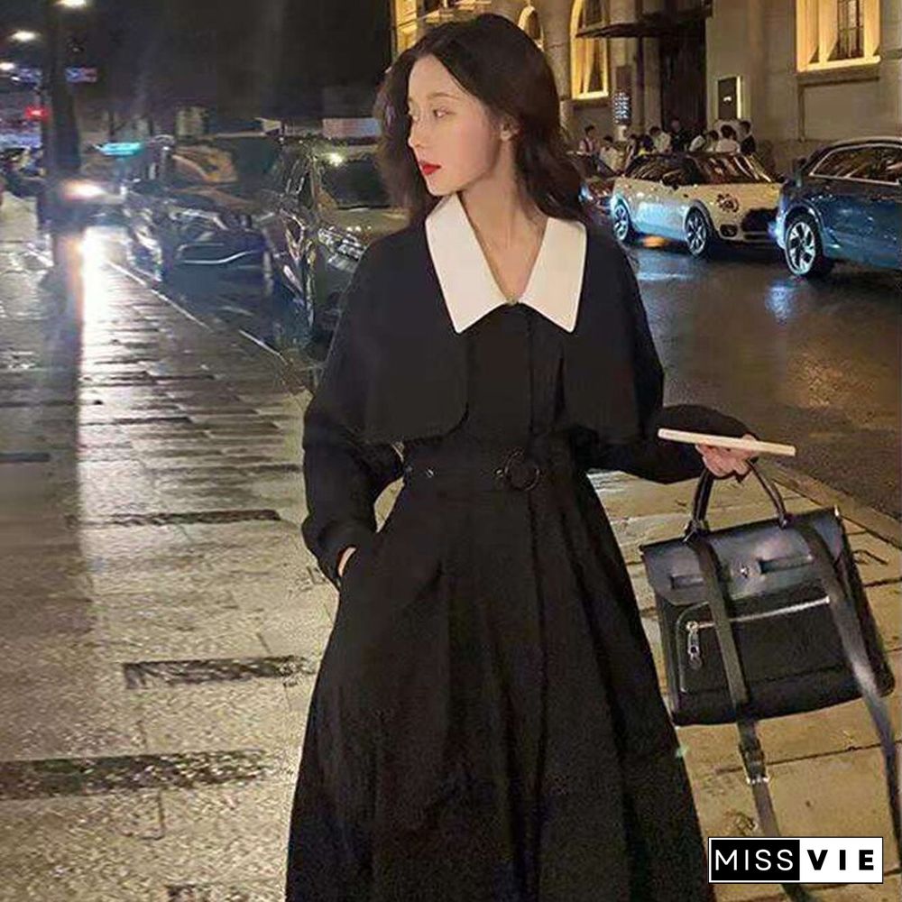 Spring Autumn Elegant Black Dress Women Loose Casual Midi Dress Korean Fashion Lady Trench Dress Street Wear Clothes New