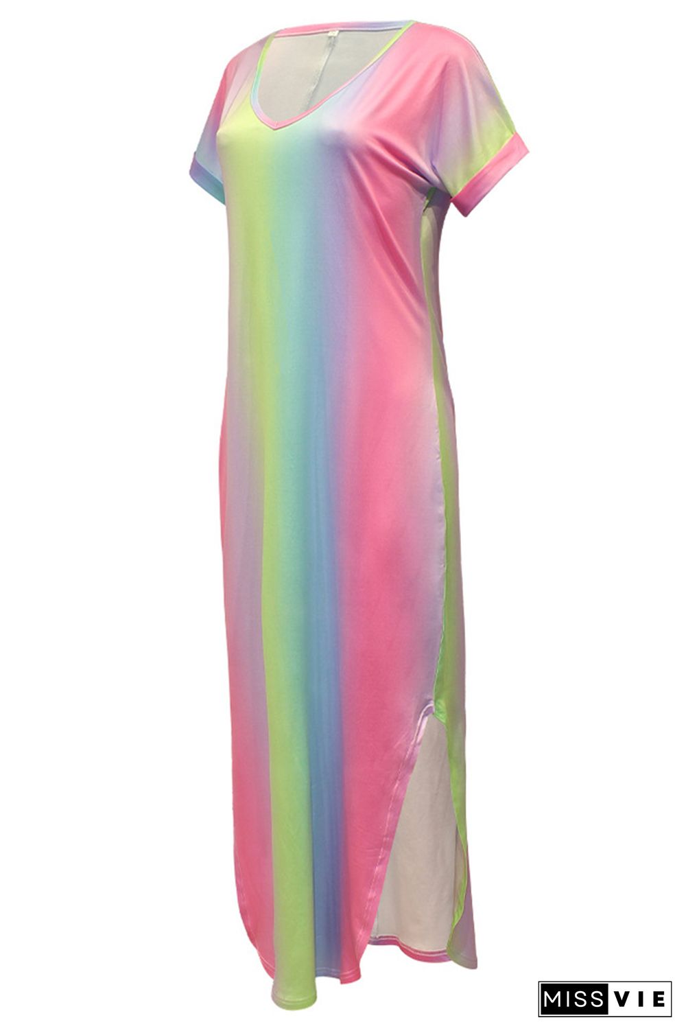 Tie Dye Print V-Neck Short Sleeve Side Slit Loose Maxi Dress Wholesale