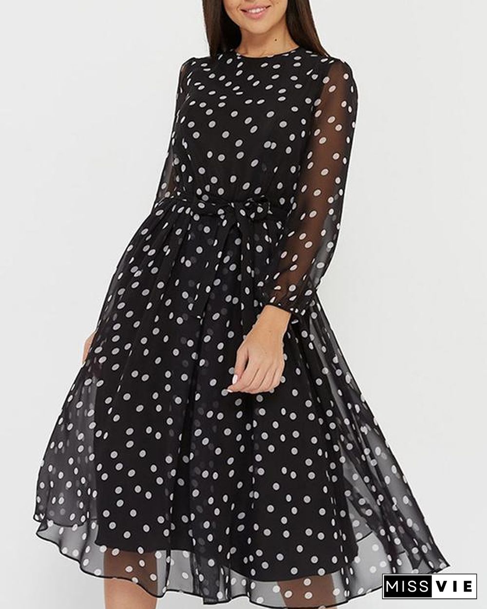 Elegant Chiffon Floral/Dot Print Long Sleeve Spring Women Dresses