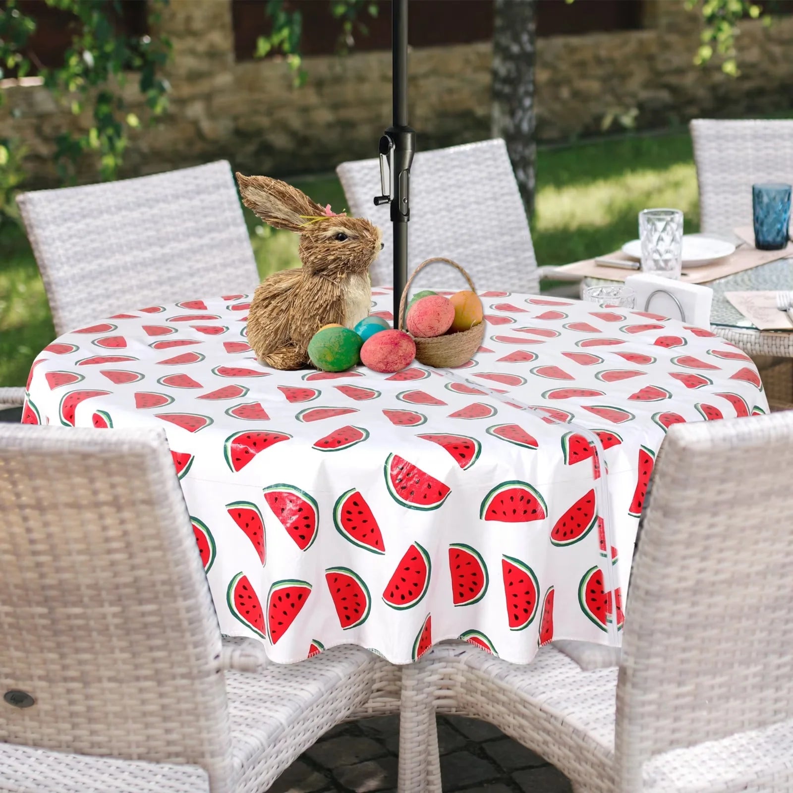 LUSHVIDA Round Outdoor Tablecloth with Umbrella Hole and Zipper- 60Inch Watermelon Waterproof Table Cloth Wipe Clean Vinyl Patio Tablecloths for Spring/Summer Picnic, BBQ, Camping, Garden