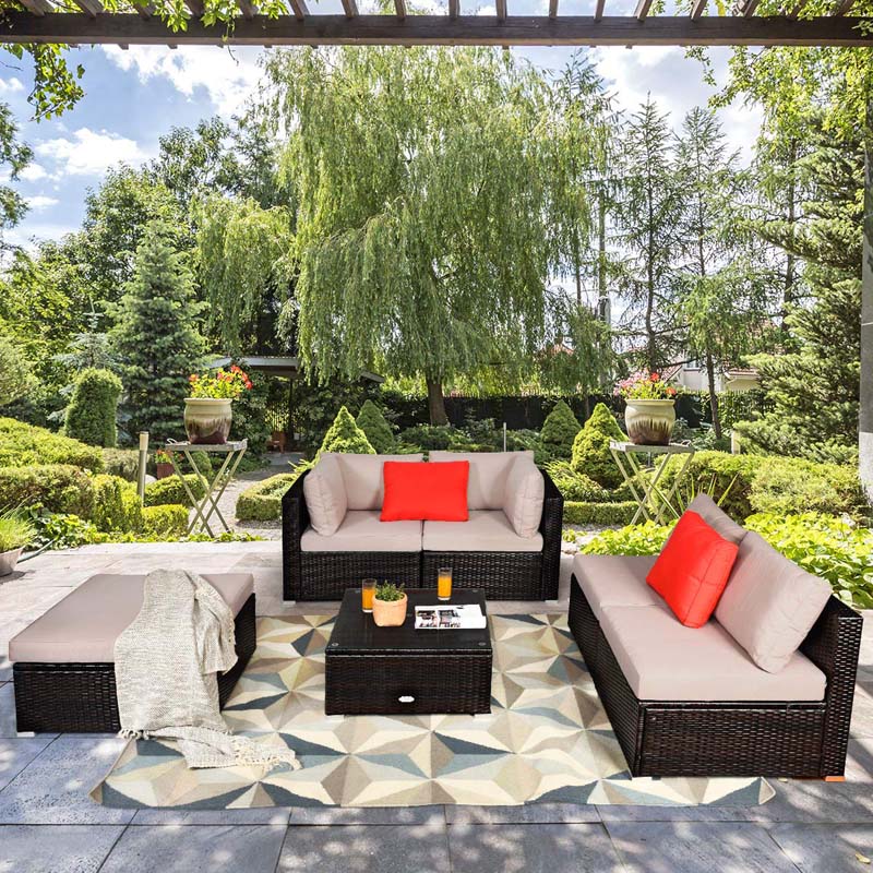 6 Pcs Outdoor Rattan Sectional Sofa Set with Coffee Table & Removable Seat & Back Cushions