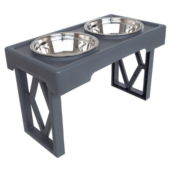 Elevated Dog Bowls Stand - Adjusts to 3 Heights for Small, Medium, and Large Pets - Stainless-Steel Dog Bowls Hold 34oz Each by PETMAKER (Gray)