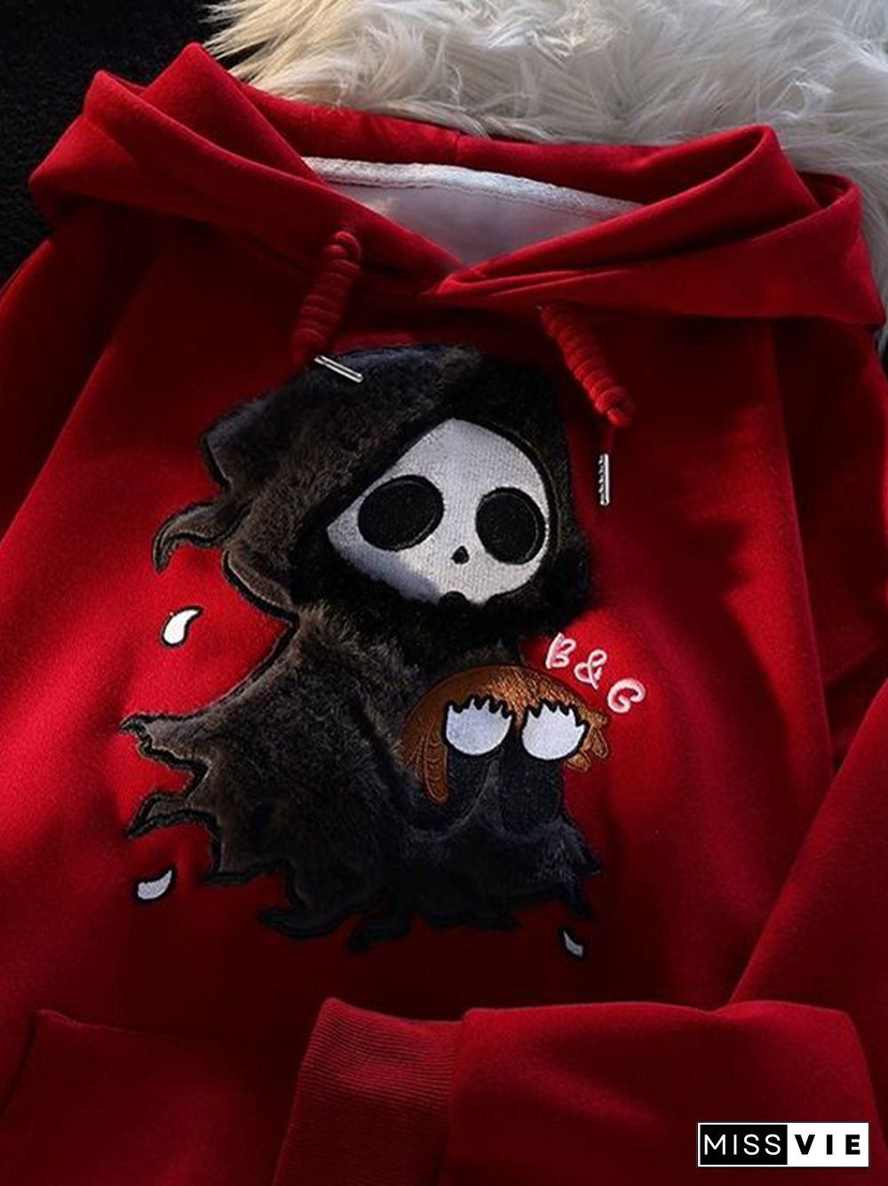 Fuzzy Cartoon Ghost Embroidered Oversized Hoodie