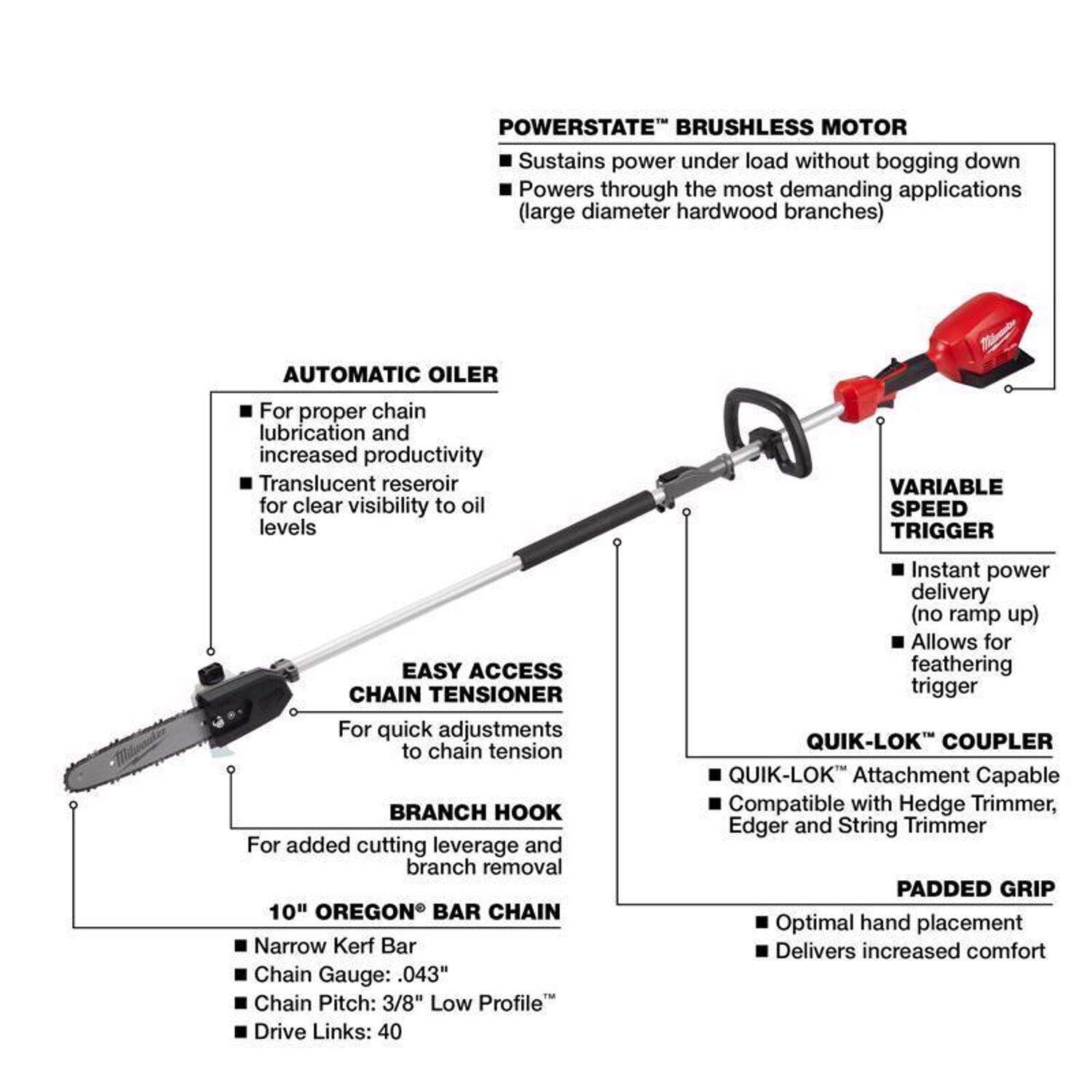 MW M18 FUEL 10 in. 18 V Battery Pole Saw Tool Only