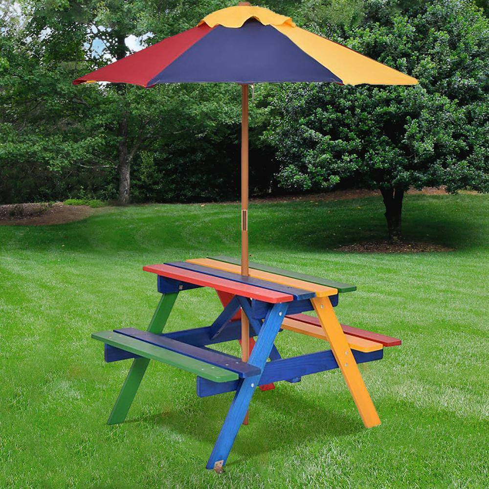 ANGELES HOME Rectangle Wood Outdoor Picnic Table with Umbrella 8CK70-OP481