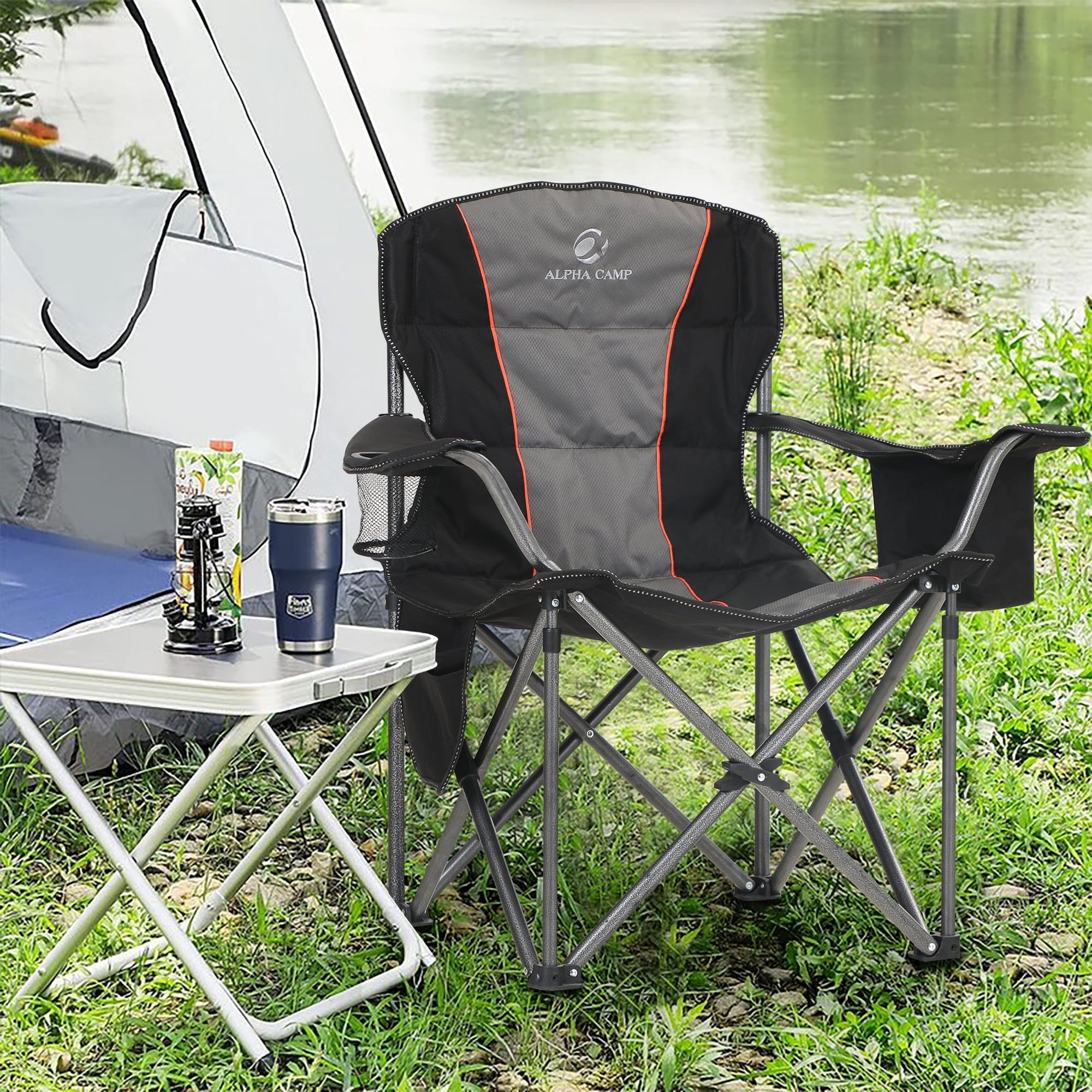 MF Studio Oversized Camping Folding Chair with Cooler Holder, Black and Gray