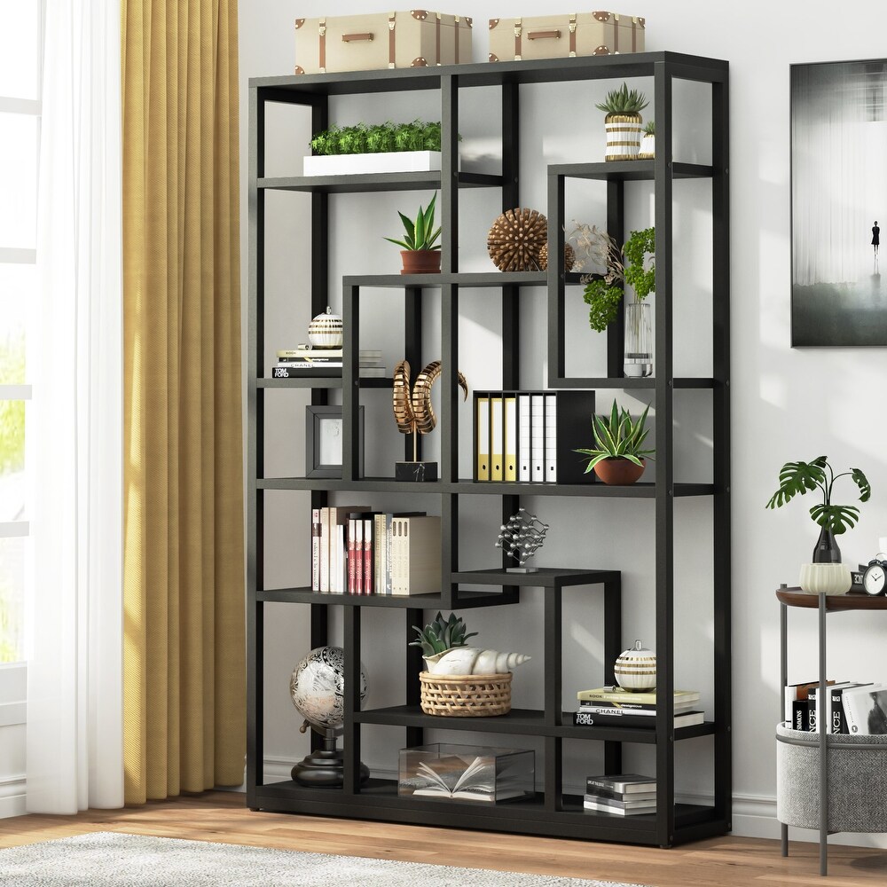 Black Bookshelf 47” Bookcase 9 Tier Tall Book Shelf Rustic Display Shelf