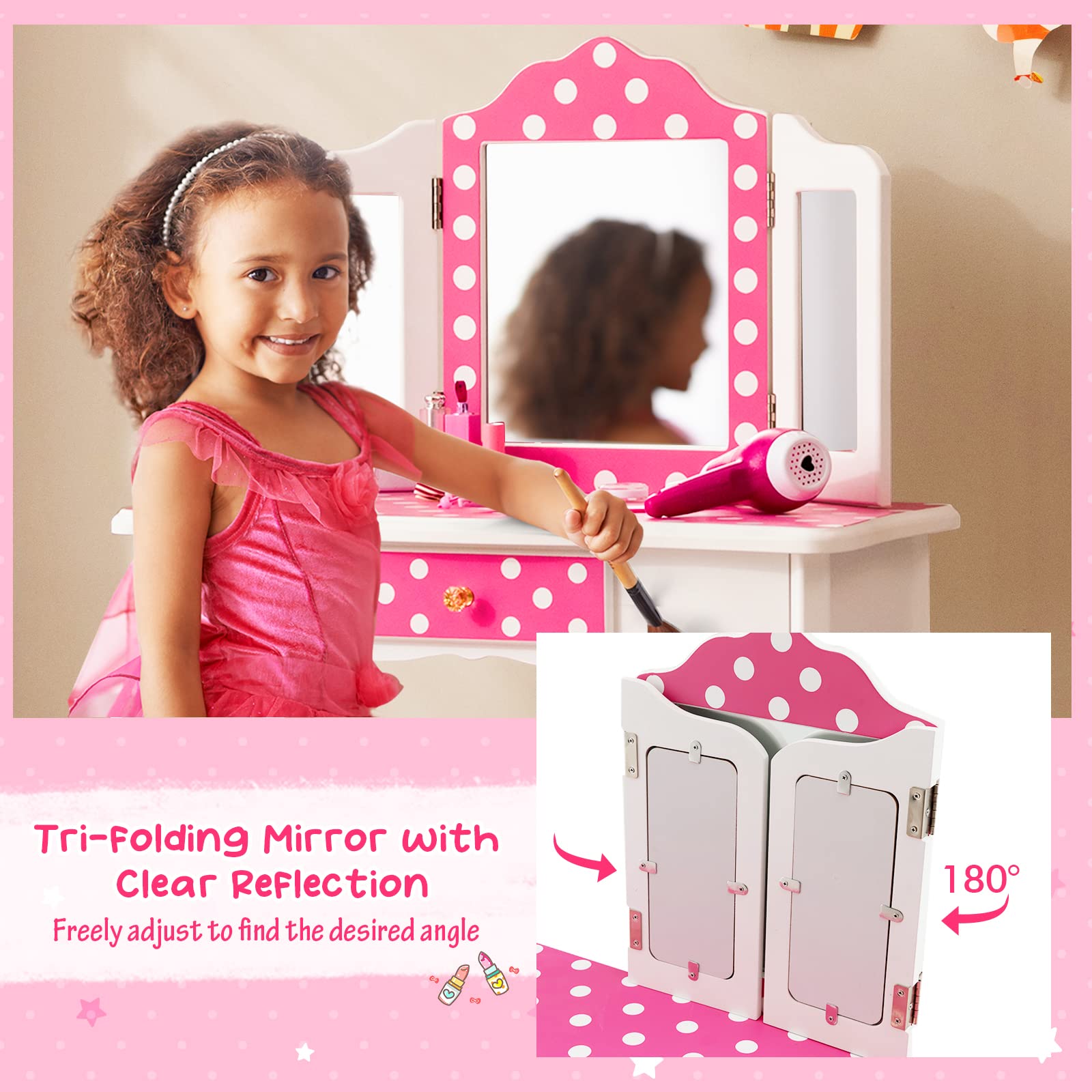 Costzon Kids Vanity Table and Chair Set, Girls Vanity Set with Mirror and Stool, Pretend Play Vanity Set for Little Girls