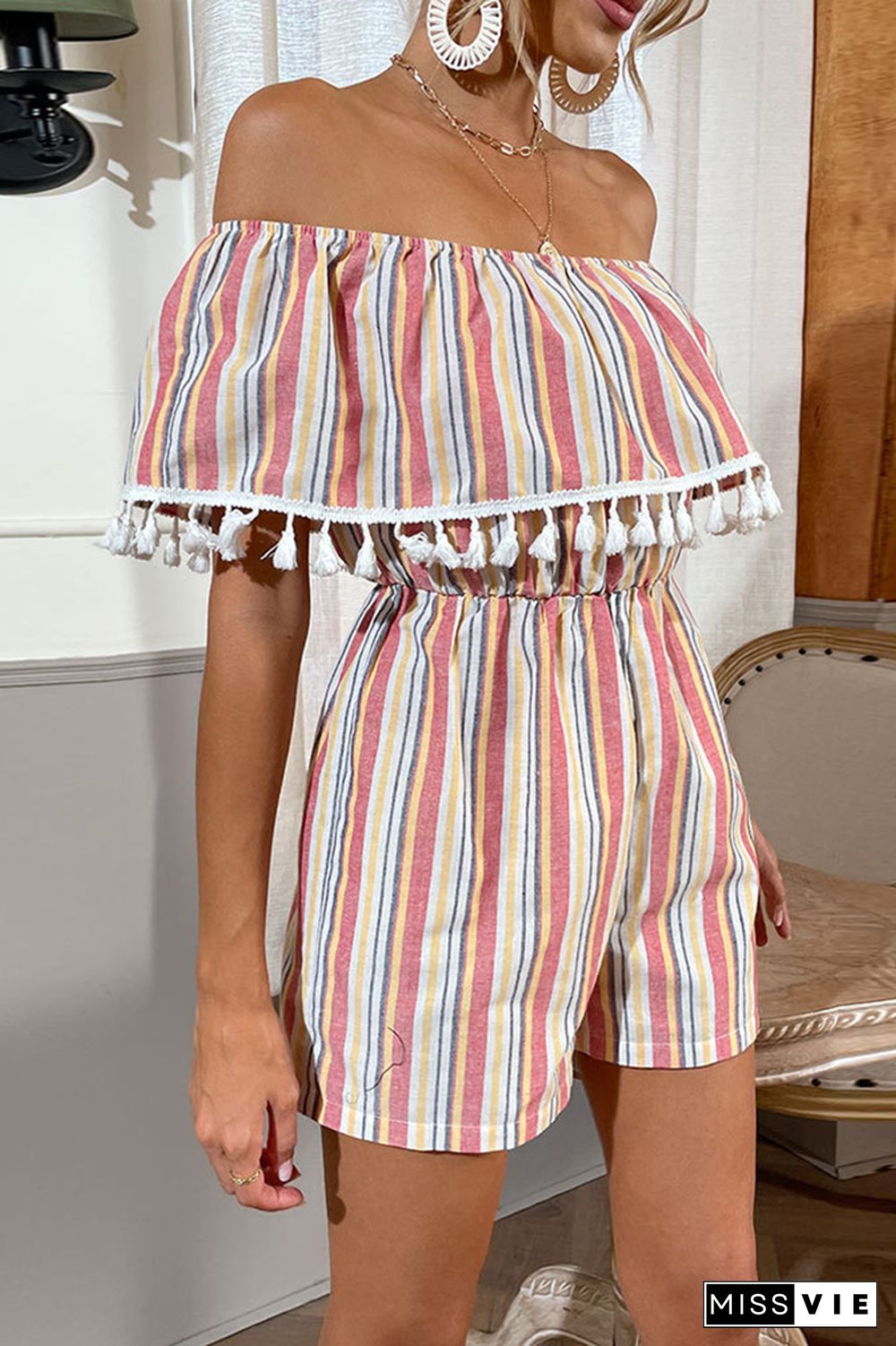 Striped Print Fringed One-shoulder Rompers Wholesale