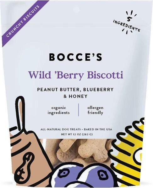 Bocce's Bakery Wild Berry Biscotti Biscuits Crunchy Dog Treats， 12-oz bag