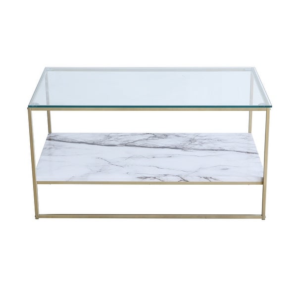 Roomfitters 2 Tier White Faux Marble Print Coffee Table with Glass Top