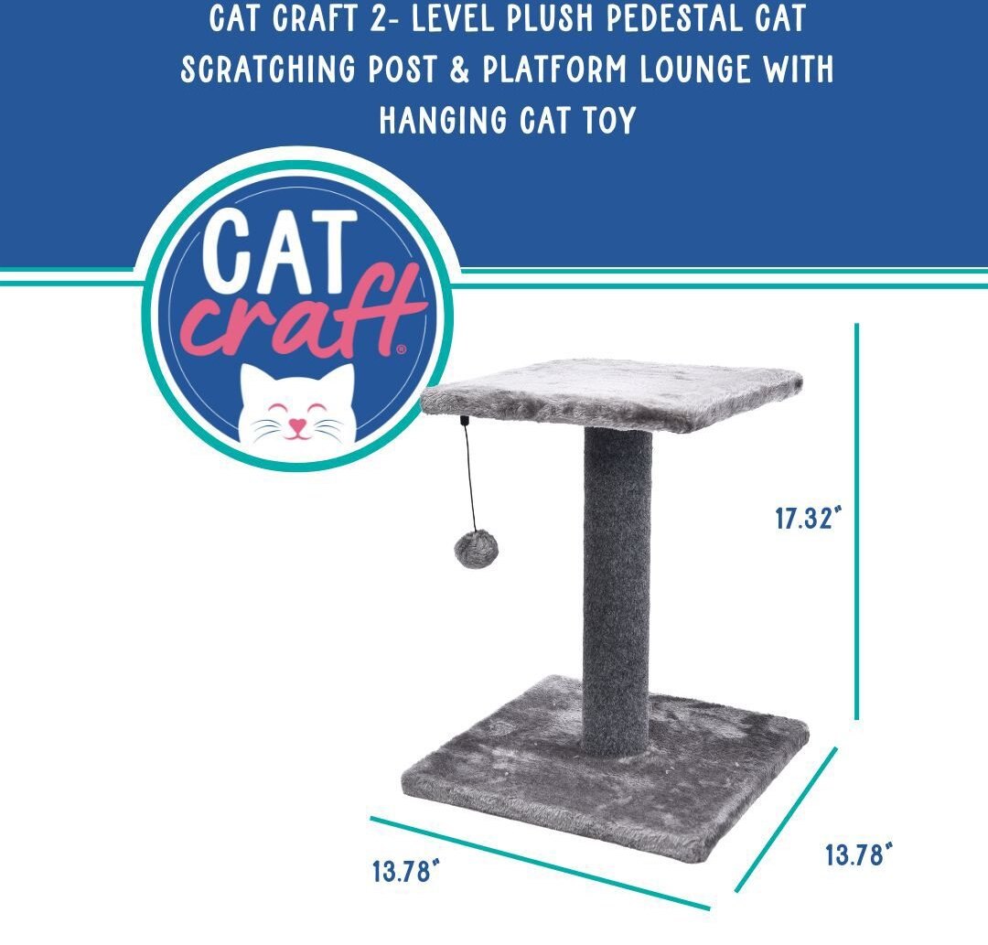 Cat Craft 2 Tier Plush Pedestal Cat Scratching Post and Platform Lounge with Hanging Cat Toy， Grey