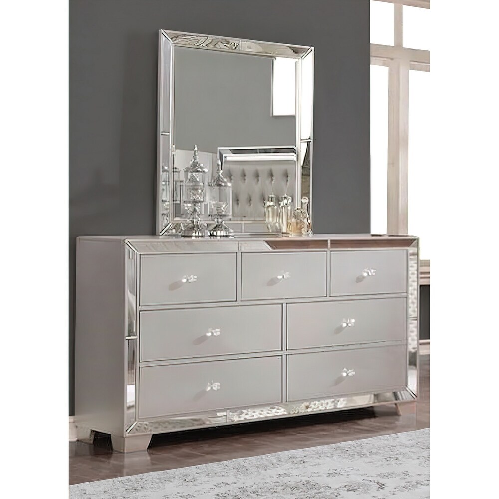 Eli 57 Inch Deluxe 7 Drawer Dresser  Mirrored Trim  Wood Frame  Silver