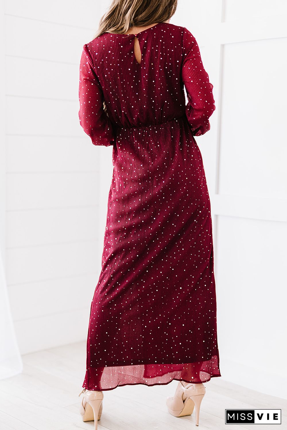 Wine Red Side Split Rhinestone V Neck Maxi Dress