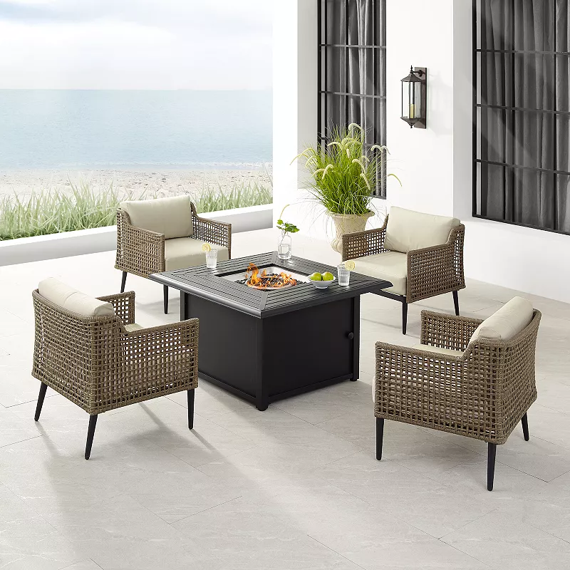 Crosley Southwick Fire Table and Wicker Arm Chair 5-piece Set