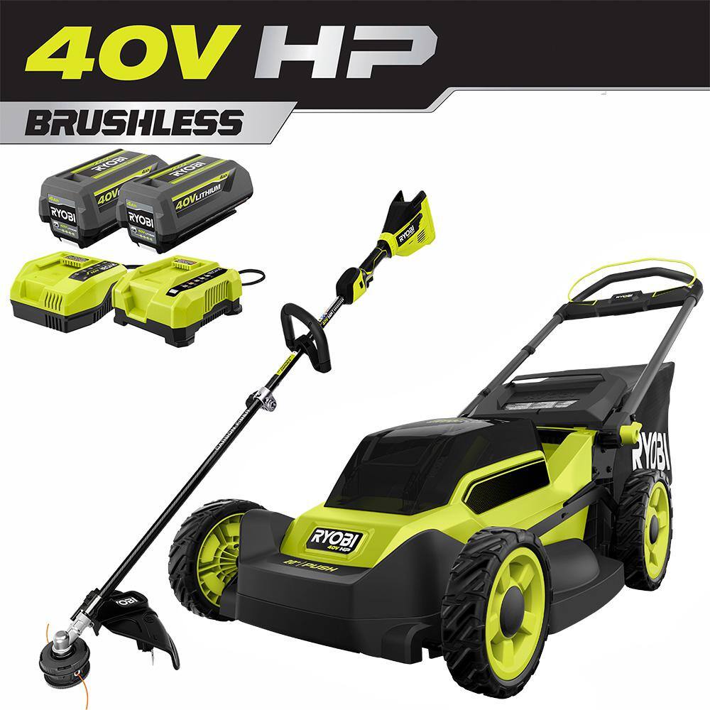 RYOBI 40V HP Brushless 20 in. Cordless Battery Walk Behind Push Mower  String Trimmer with (2) Batteries and Chargers RY401170-4X