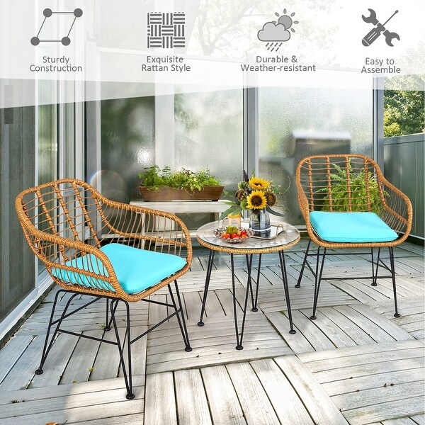 Costway 3PCS Patio Rattan Bistro Furniture Set Cushioned Chair Table