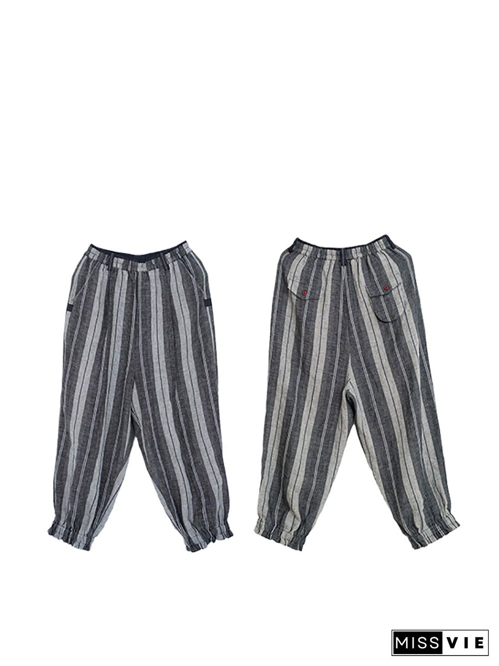 Plus Size Women Retro Stripe Yarn-dyed Pocket Linen Harem Pants