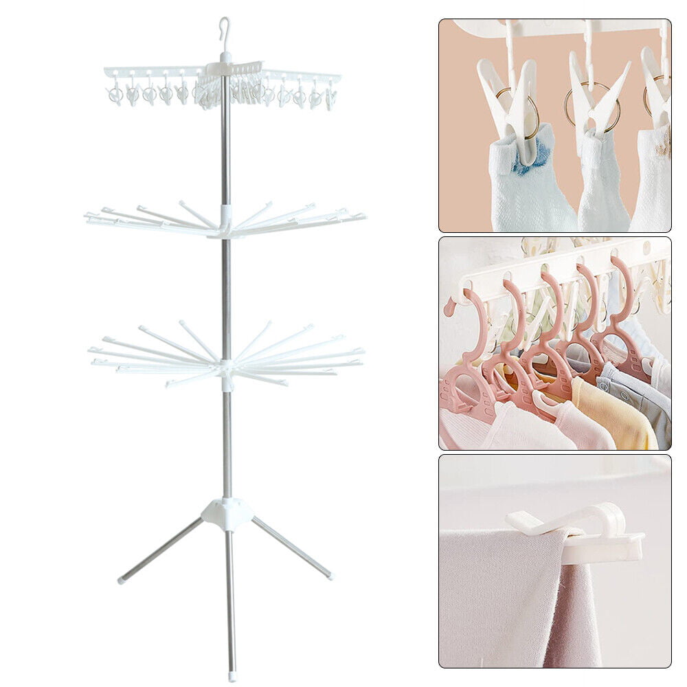 Miumaeov 3 Tier White Clothes Drying Rack 360 ° Rotatable Collapsible Stainless Laundry Dryer Hanger with Foldable Wings Garment Laundry Rack for Indoor/Outdoor 27x27x67 Inch