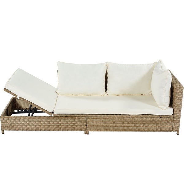 3 Piece Rattan Sofa Set All Weather PE Wicker Sectional Set with Adjustable Chaise Lounge Frame and Tempered Glass Table - Overstock - 35938902