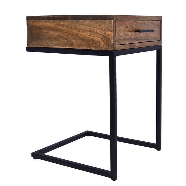 Mango Wood Side Table with Drawer and Cantilever Iron Base， Brown and Black - 24 H x 16.5 W x 16.5 L