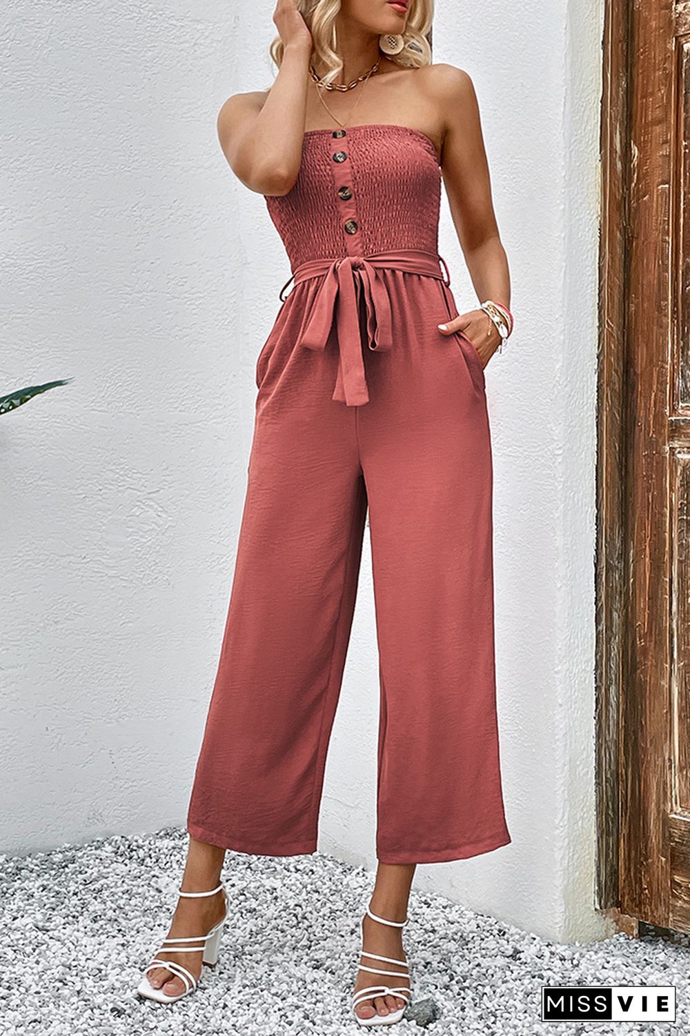 Red Off Shoulder Button Up Jumpsuit with Pockets