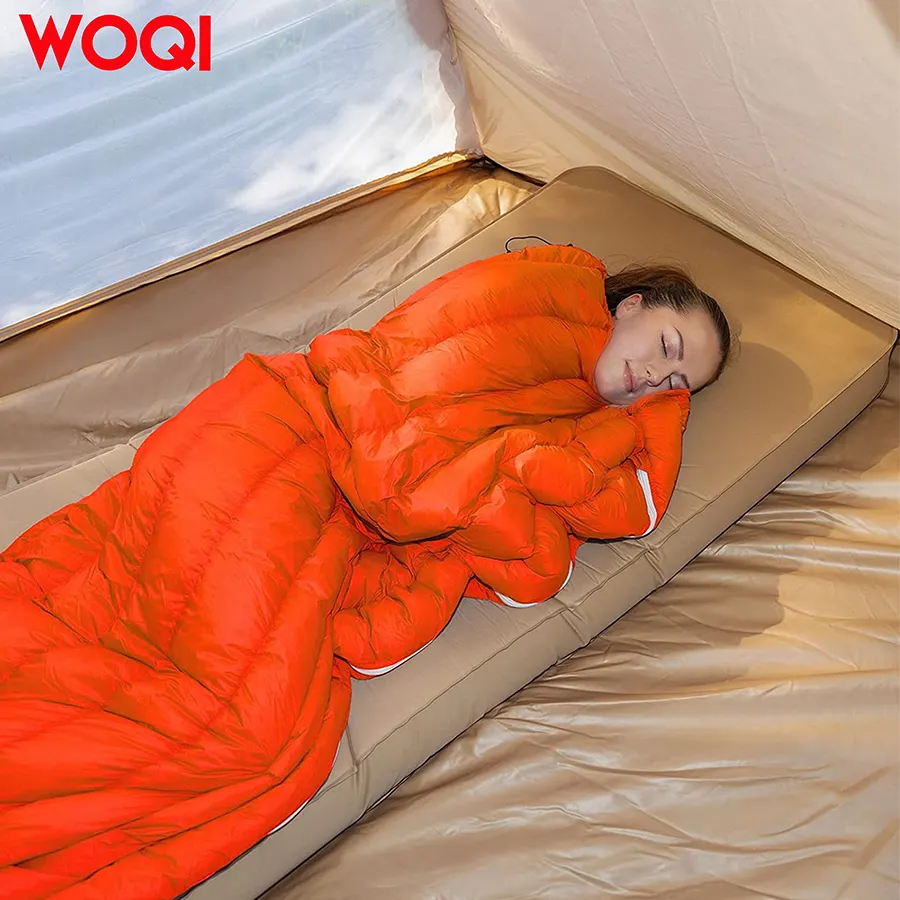 Woqi Warm Compact Ultralight Waterproof Nylon Envelop Duck Down Sleeping Bag For Camping Hiking