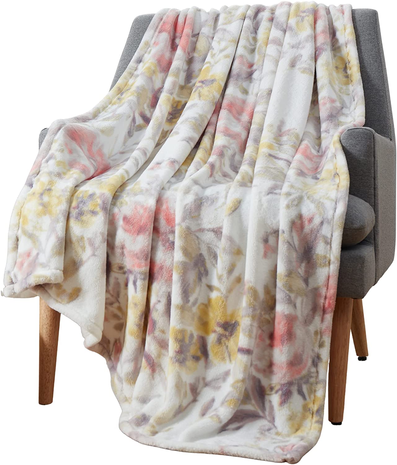 Watercolor Flower Garden Throw Blankets: Soft Plush Floral Accent for Sofa Couch Chair Bed or Dorm (Cream)