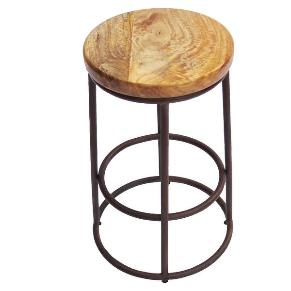 24 Inch Mango Wood Counter Height Barstool With Iron Base， Brown And Black