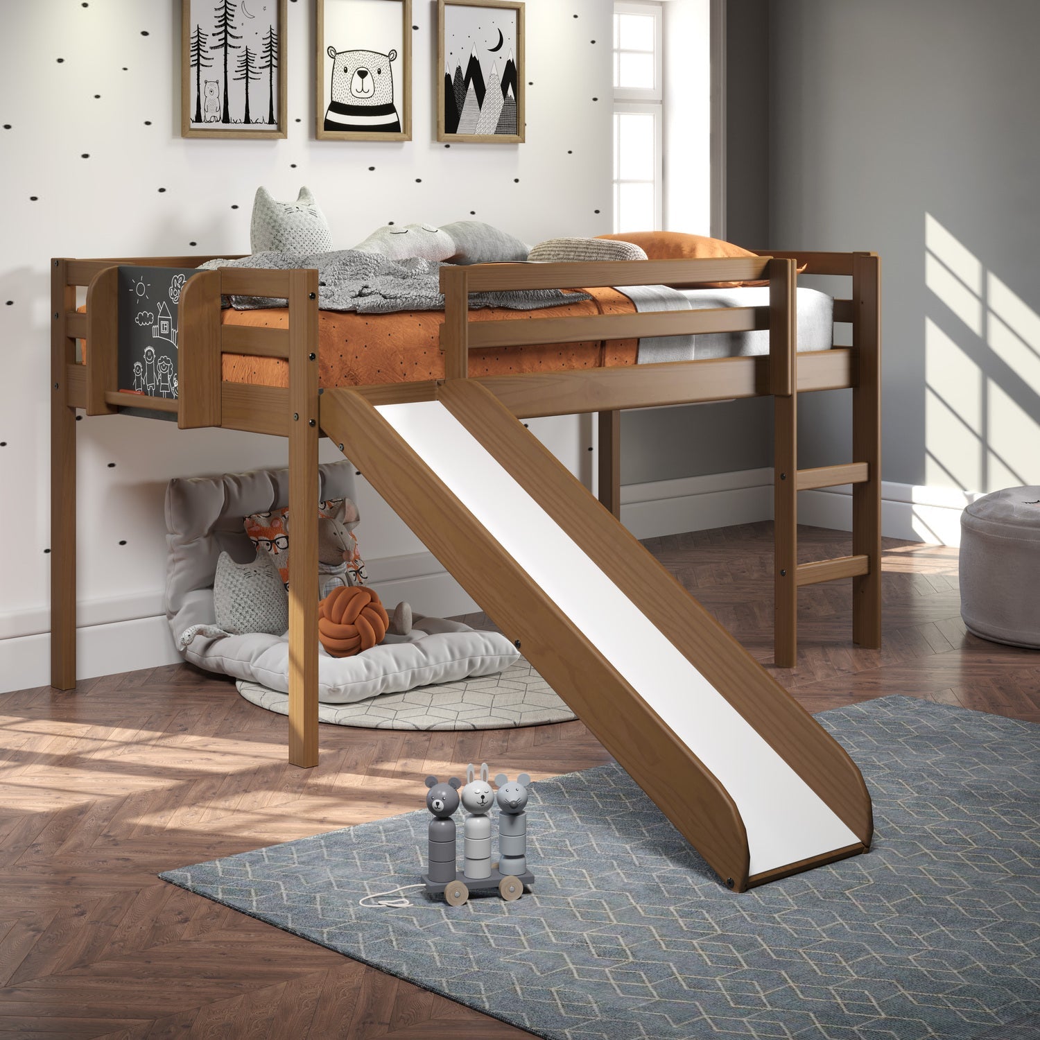 Naomi Home Cindy Kids Loft Bed with Slide, Twin Loft Bed with Slide, Loft Bed with Slide, Loft Bed Slide with Ladder, Chalkboard, Pine Wood Space Saving Kids Bed Frame for Boys, Girls, Latte