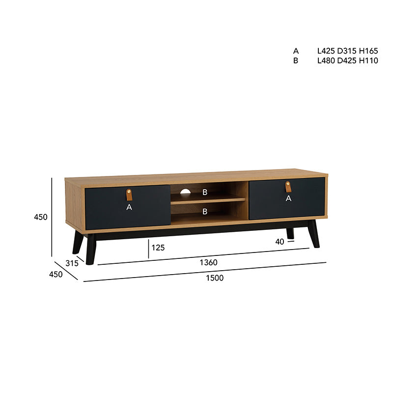 CASTOR Entertainment TV Unit 150cm - Natural, Navy Blue & Black