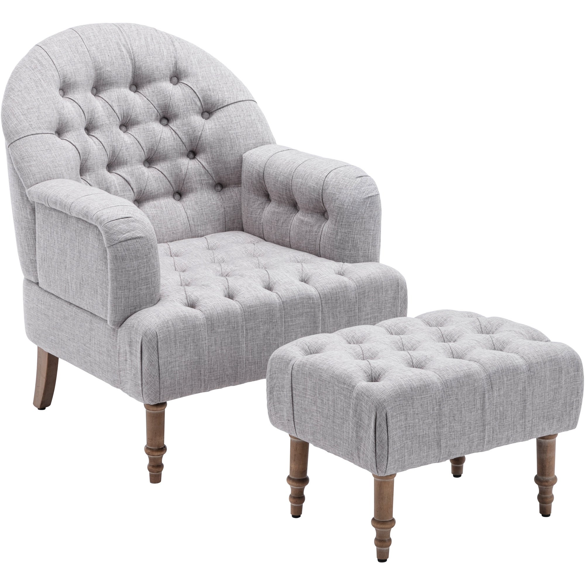 Linen Button-Tufted Upholstered Chair with Ottoman， Mid-Century Modern Style， Chair Legs are Made of Solid Wood