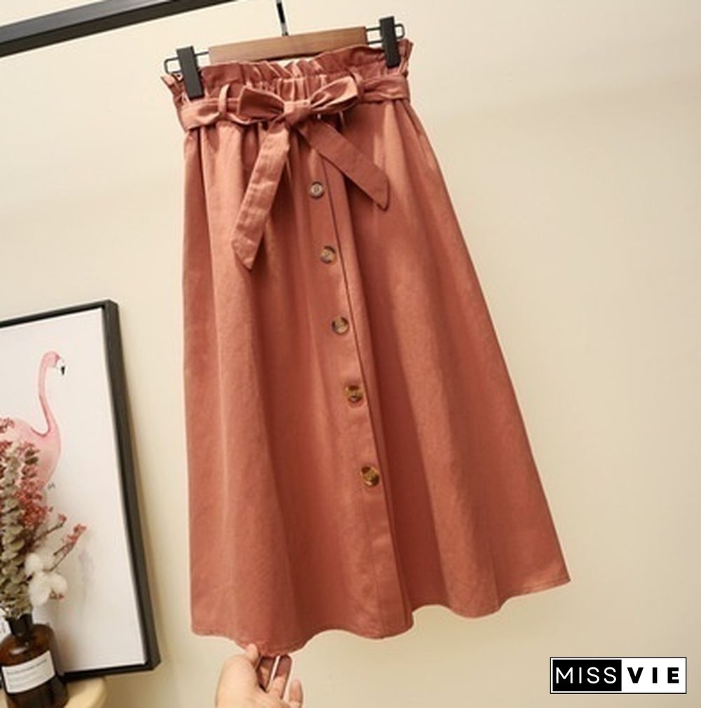 Women Skirts Fashion High Waist Skirt Women Spring Summer Midi Skirts Womens Elastic Waist Ladies Skirts With Belt