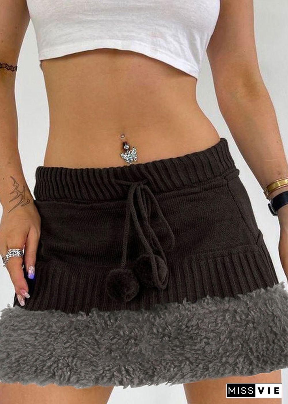 Women Brown Fluffy Elastic Waist Patchwork Knit Skirts Fall