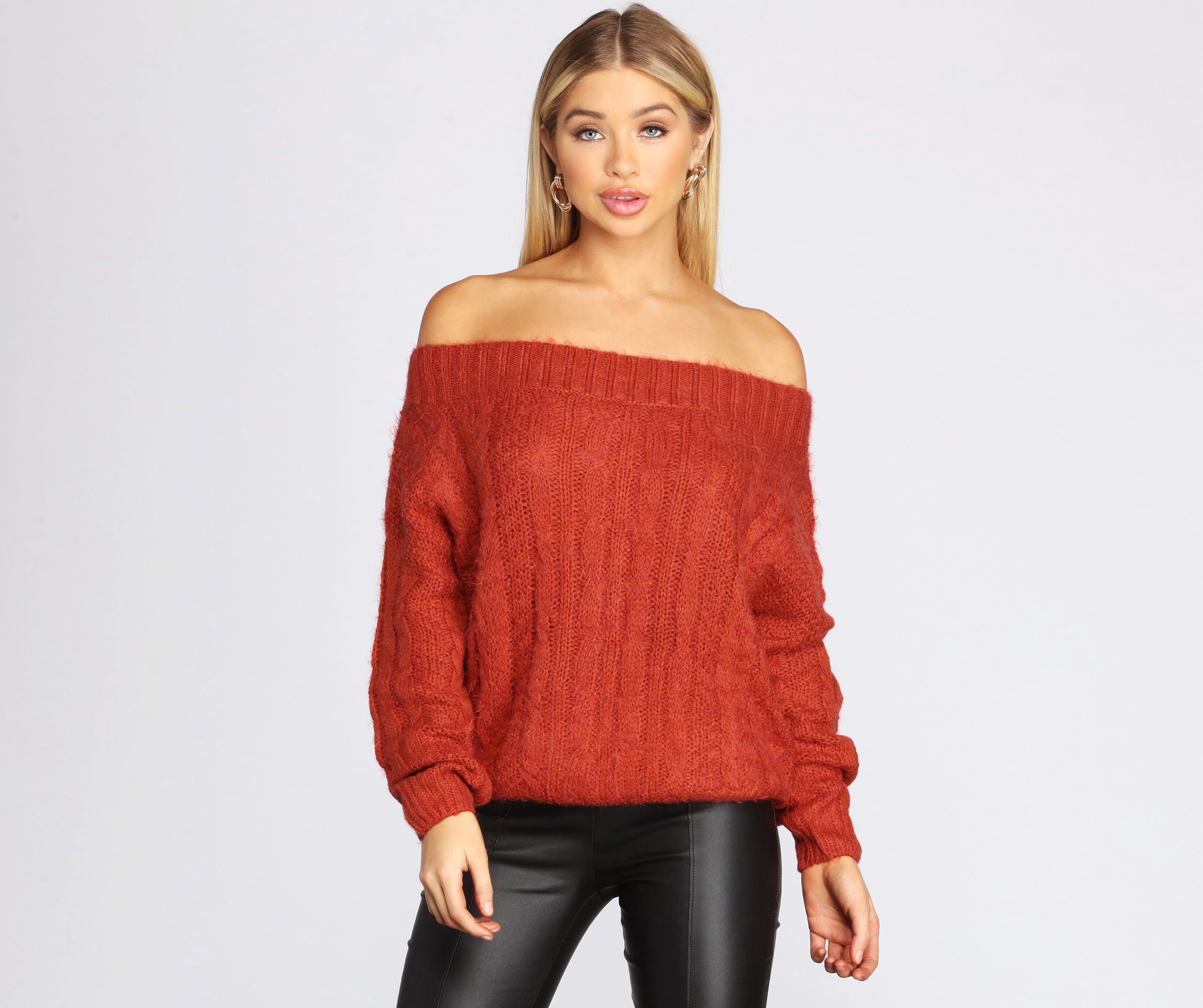 Wide Neck Cable Knit Sweater