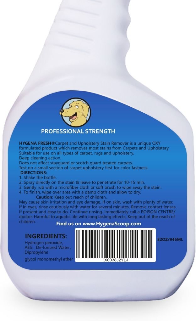 Hygena Scoop Fresh Carpet and Upholstery Cleaner Stain Odor Spot Remover Dog， Cat， Horse and Small Pet Deodorizer， 32-oz bottle