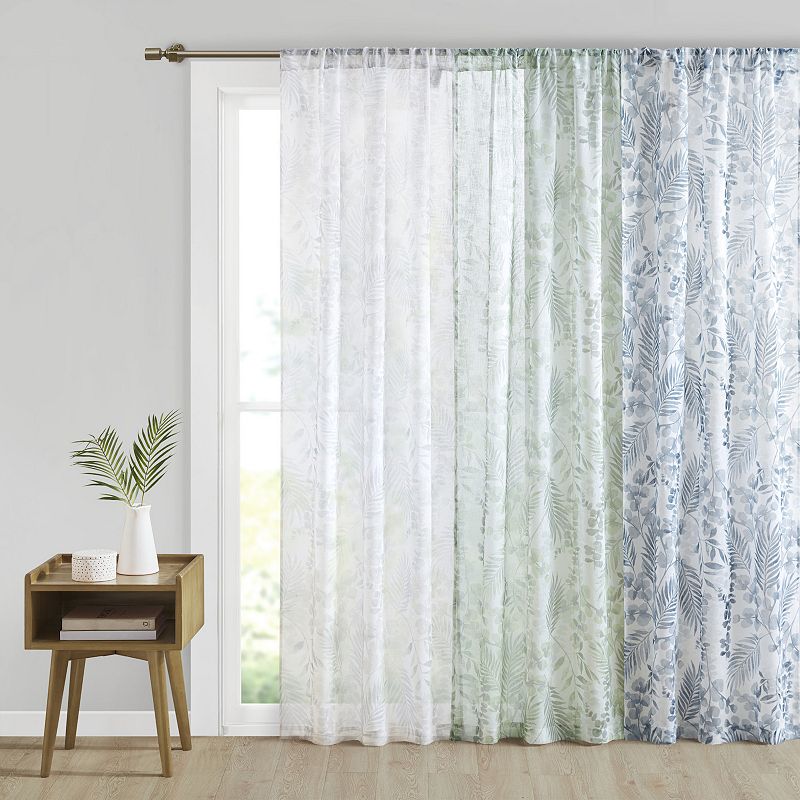 Madison Park Tulia Botanical Printed Texture Sheer 2-Pack Rod Pocket Window Curtain Panels