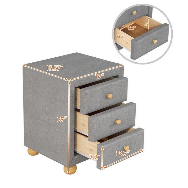 Upholstered Storage Nightstand with 3 Drawers and Natural Wood Knobs - - 36389189