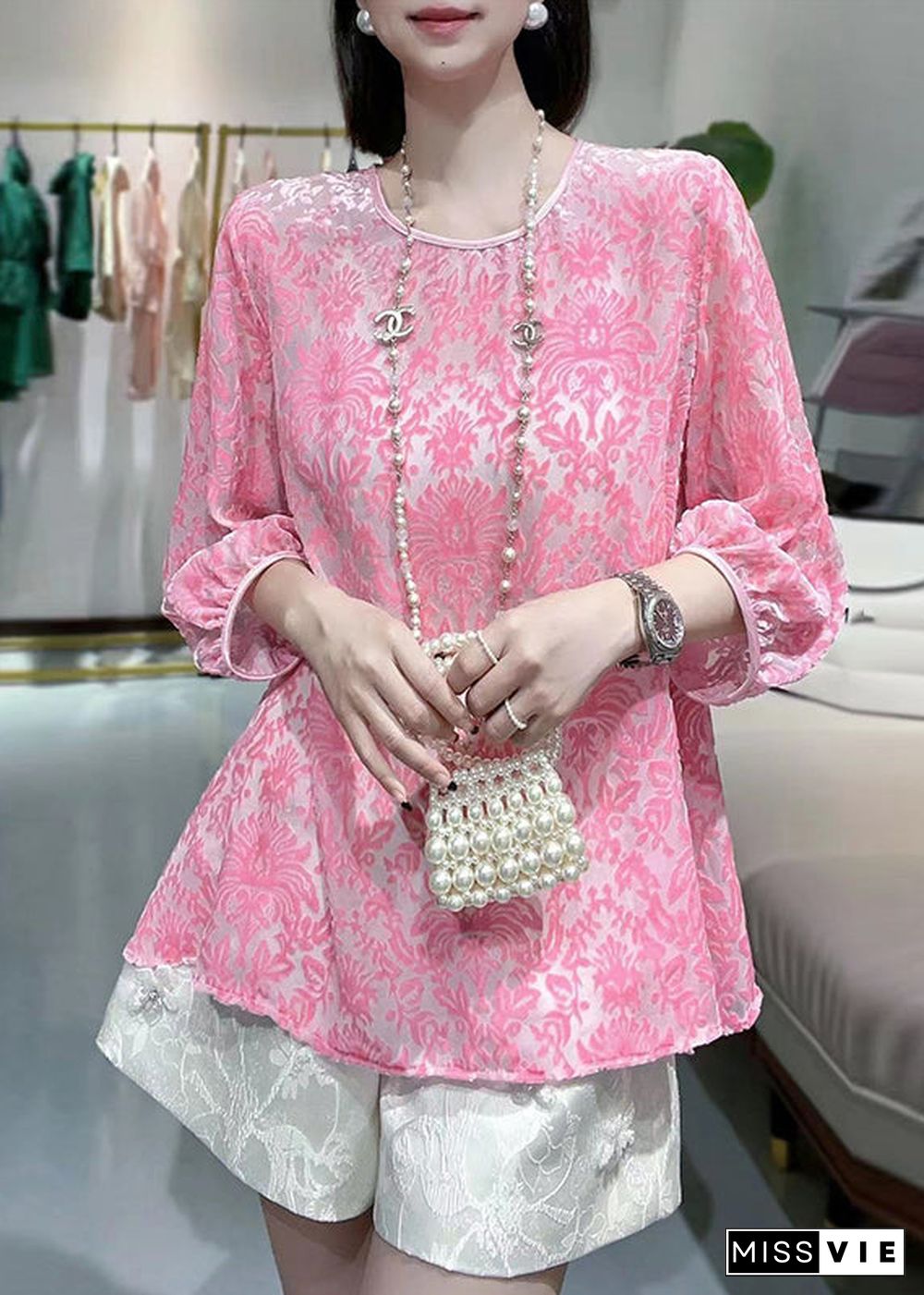 Cute Pink O-Neck Silk Velour Patchwork Chiffon T Shirt Fall