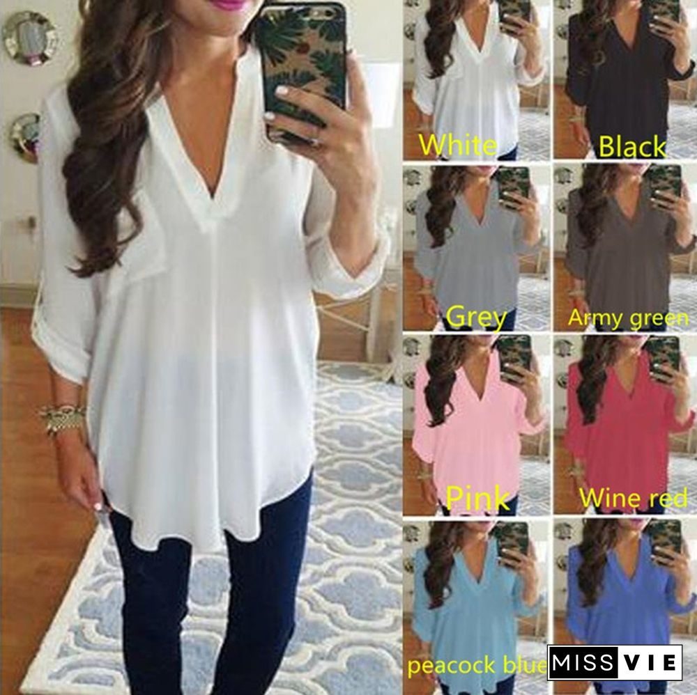 Plus Size S-8XL Women's Fashion Casual Chiffon Tops V-neck Solid Color Ladies Sexy Long Sleeve Shirt Loose Tops T Shirt Blouse