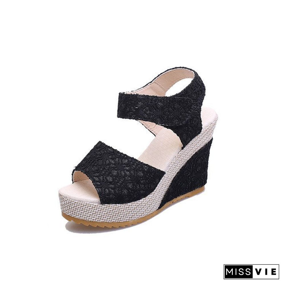 Women Velcro Lace Cutout High Heel Wedge Sandals