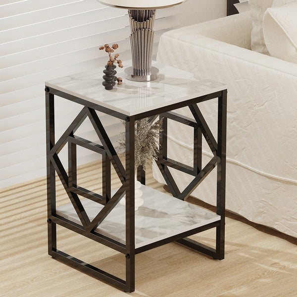 Metal Geometric-Base 2-Tier Marble End Table