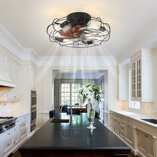 Black cage flush mount ceiling light with fan and remote control 5 light ceiling light fixture