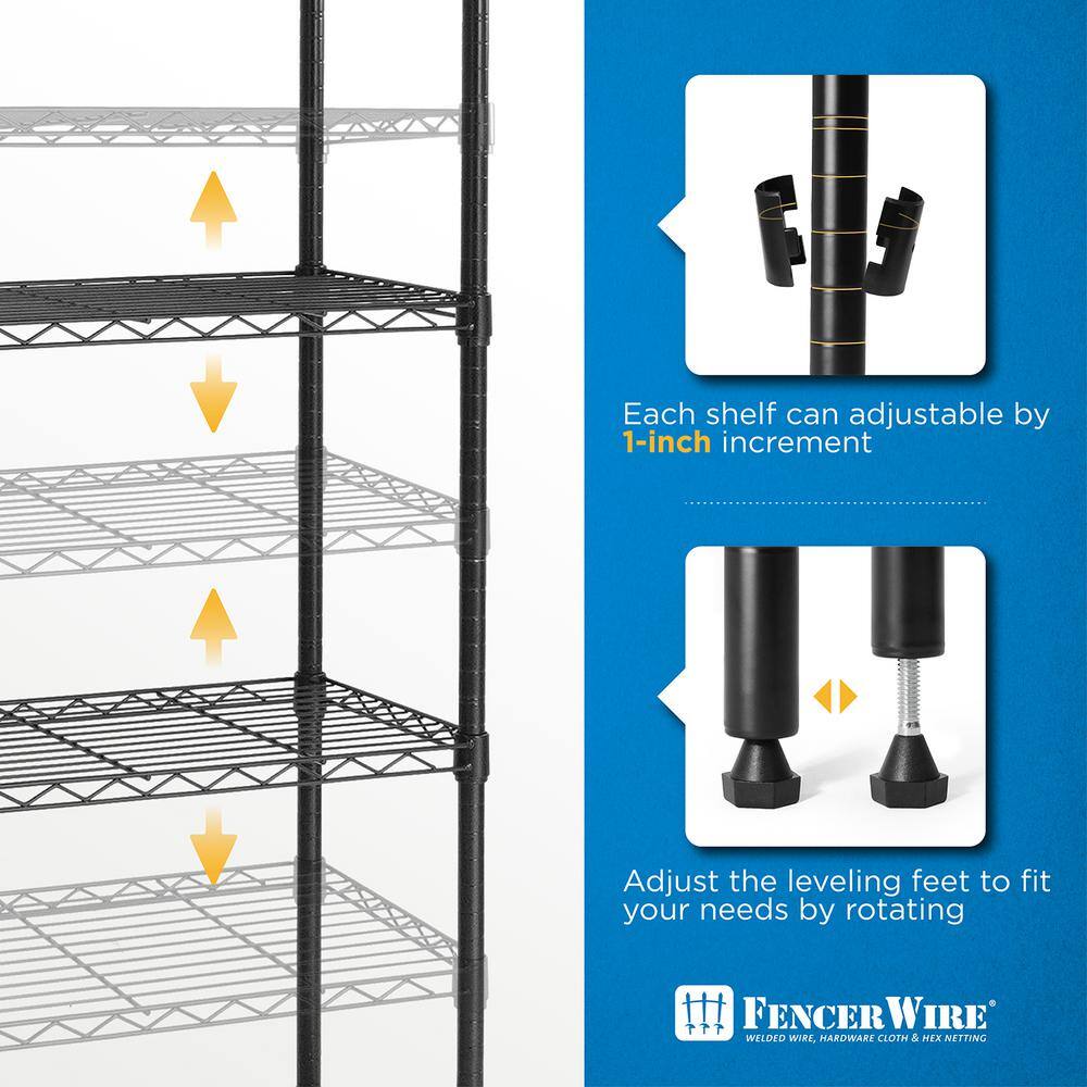 Fencer Wire Black 5-Tier Metal Adjustable Height Garage Storage Shelving Unit with Leveling Feet (30 in. W x 14 in. D x 60 in. H) RWW-CH30145BK