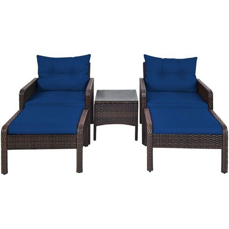 5 Pieces Patio Rattan Sofa Ottoman Furniture Set with Cushions