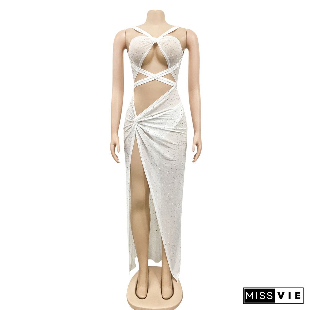 Sexy Mesh Hot Drill Sling Hollow Slit Dress