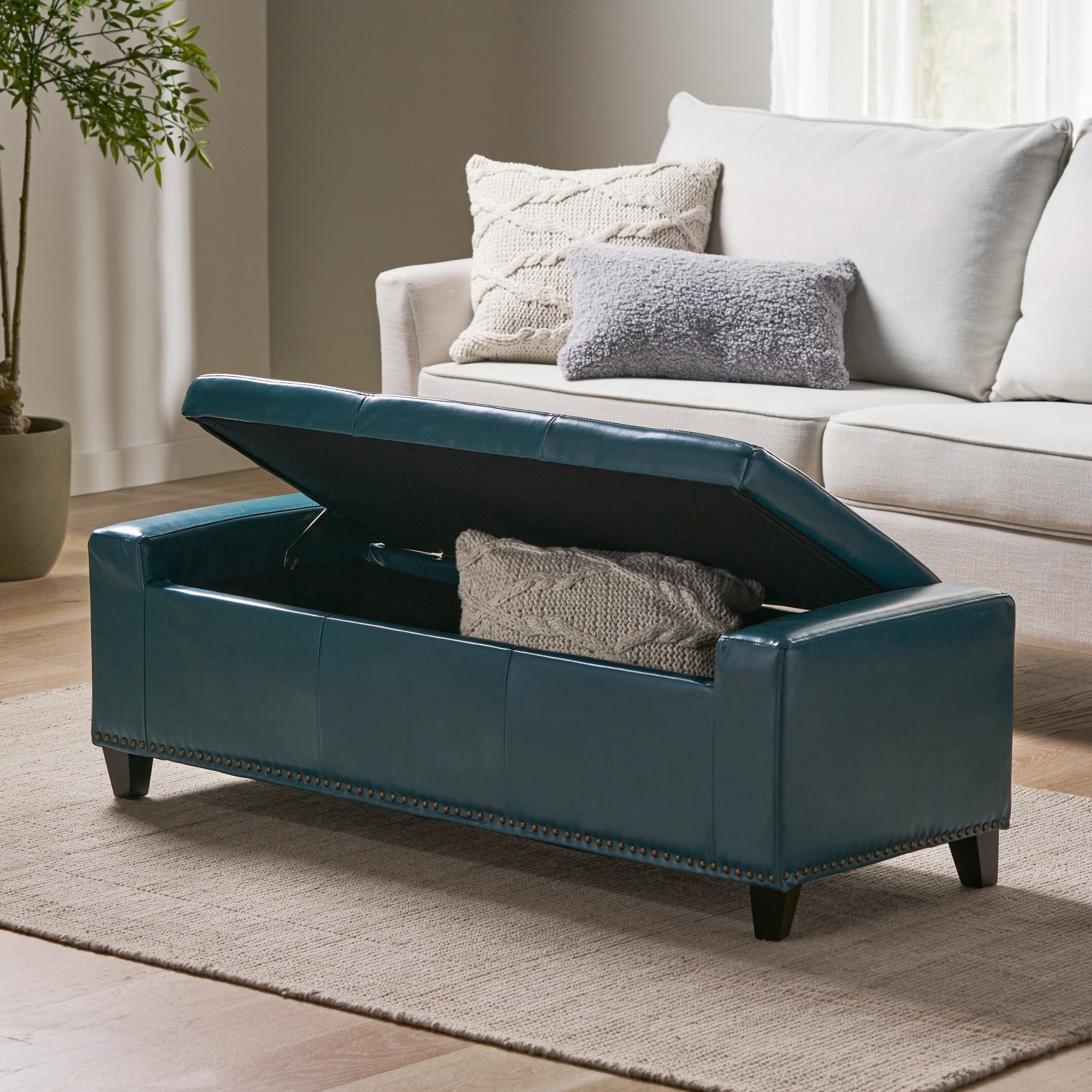 Robin Studded Teal Leather Storage Ottoman Bench